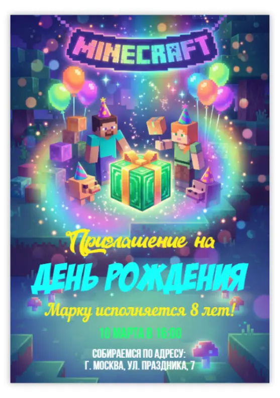 Пиксельное приглашение в стиле Майнкрафт