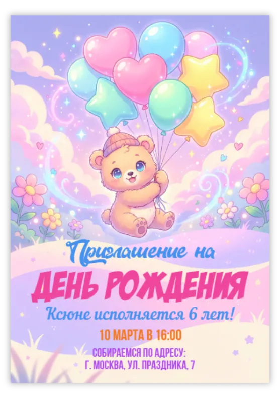 Приглашение на праздник «Медведь с шариками»