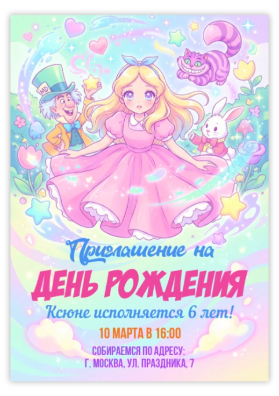 Приглашение на вечеринку «Алиса в Стране чудес»